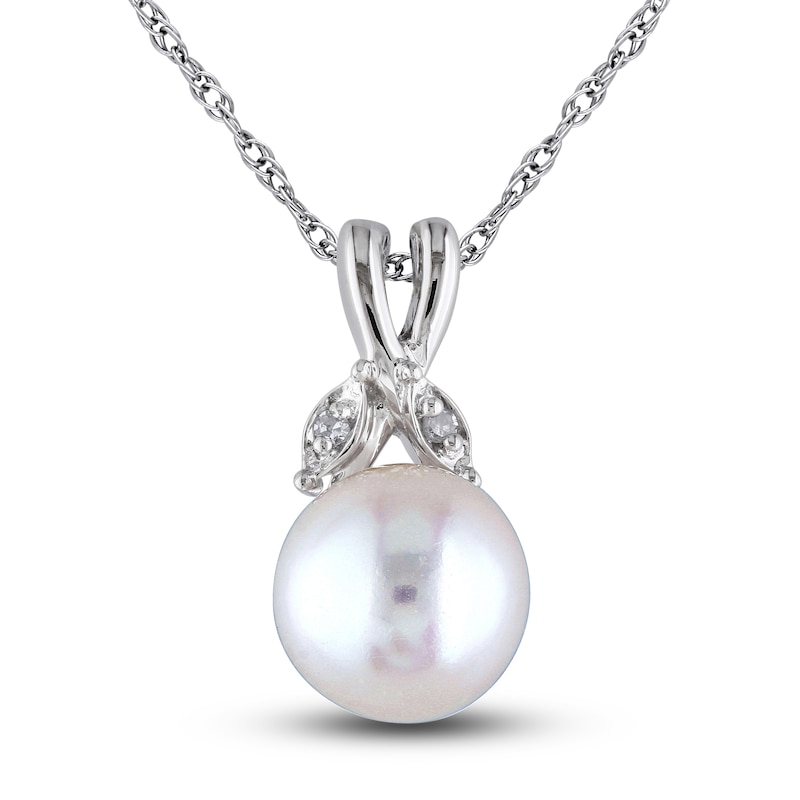 Main Image 1 of Cultured Pearl & Diamond Necklace 10K White Gold 18&quot;