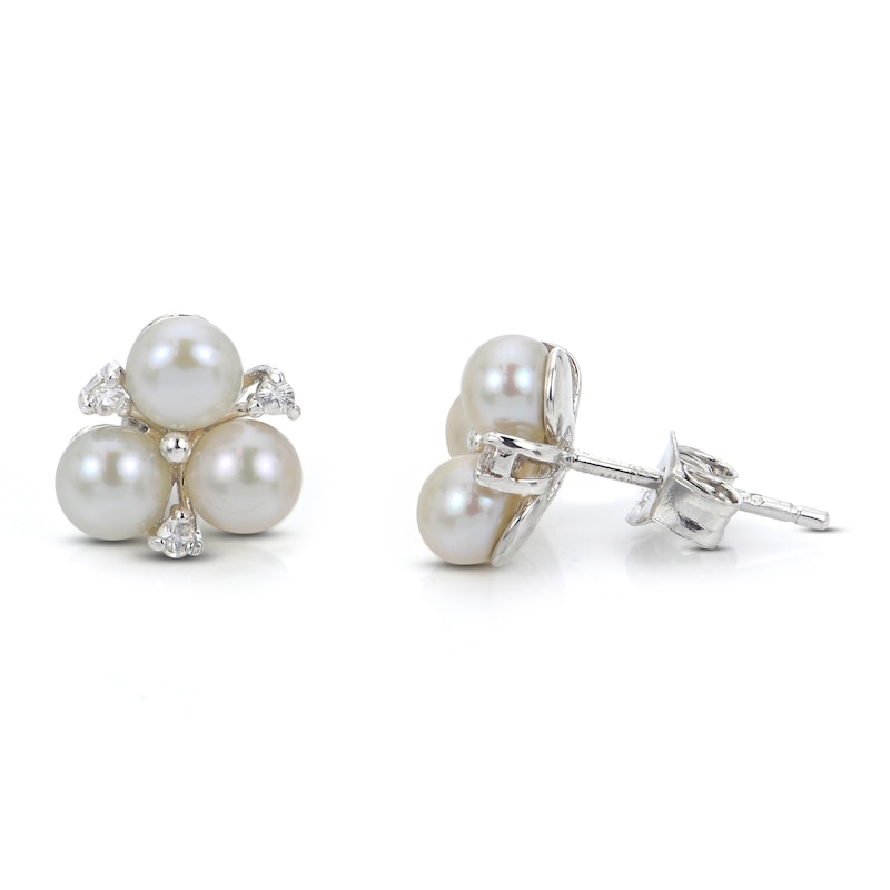 Main Image 1 of Cultured Pearl & White Lab-Created Sapphire Stud Earrings Sterling Silver