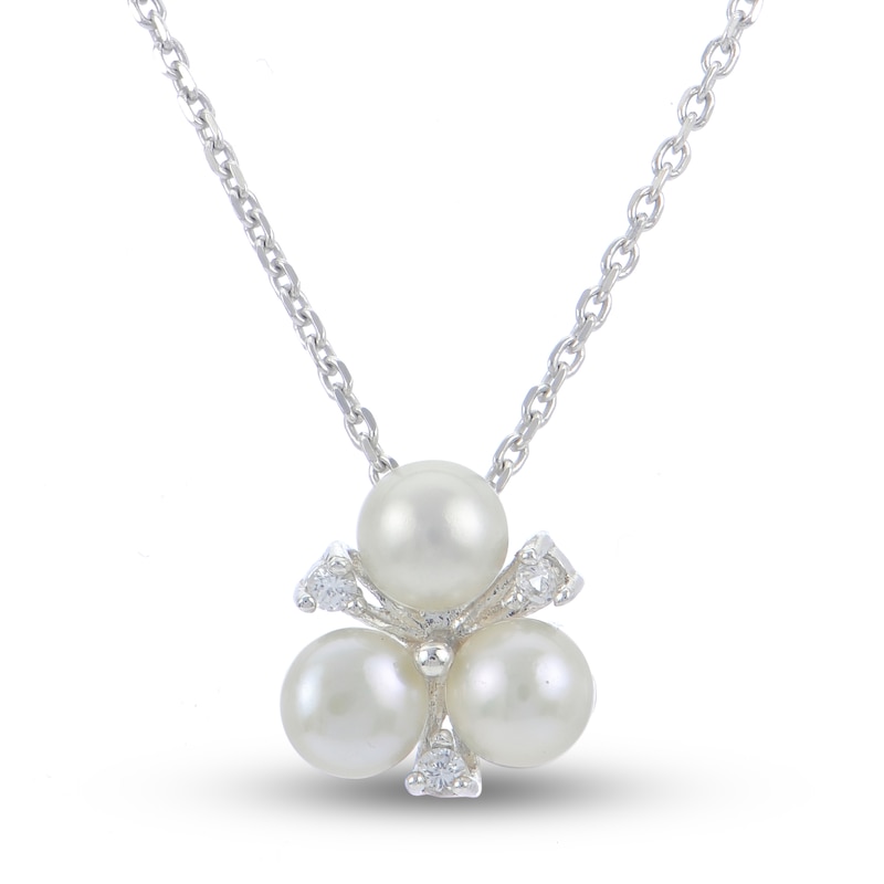 Main Image 1 of Cultured Pearl & White Lab-Created Sapphire Necklace Sterling Silver 18&quot;
