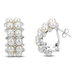 Cultured Pearl & White Lab-Created Sapphire Huggie Earrings Sterling Silver