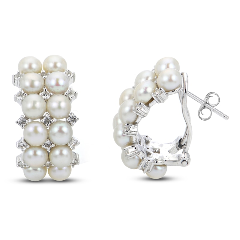 Main Image 1 of Cultured Pearl & White Lab-Created Sapphire Huggie Earrings Sterling Silver