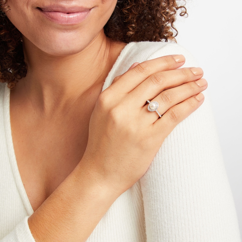 Cultured Pearl & White Lab-Created Sapphire Ring Sterling Silver