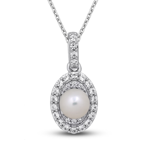 Cultured Pearl & White Lab-Created Sapphire Necklace Sterling Silver 18"
