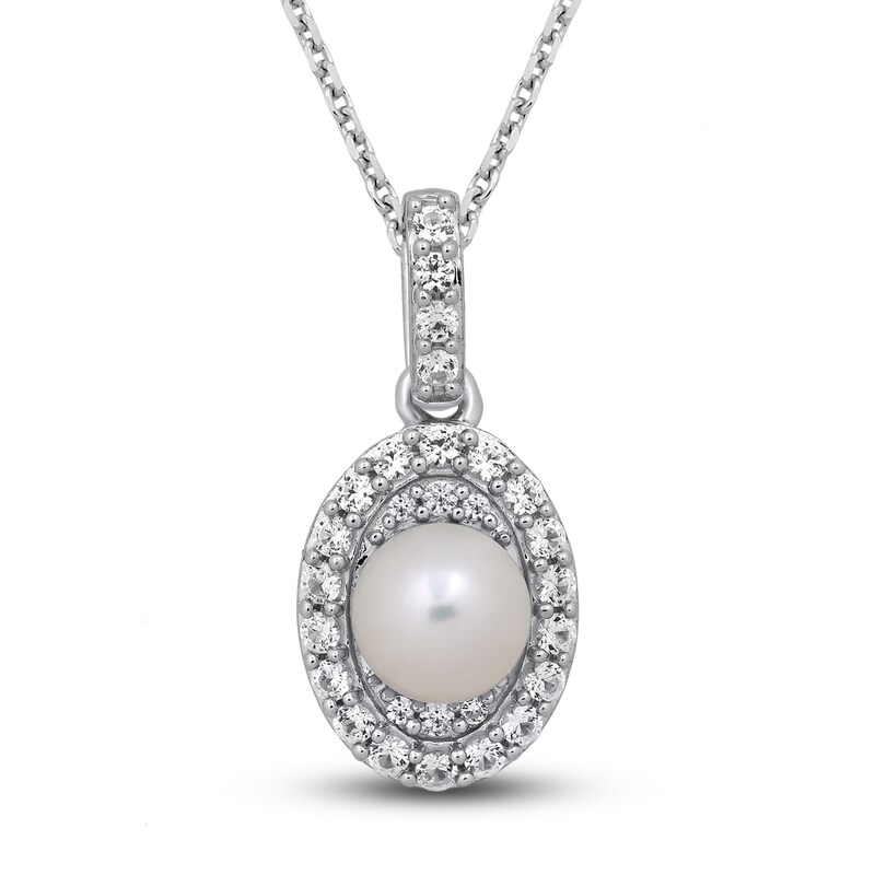 Main Image 1 of Cultured Pearl & White Lab-Created Sapphire Necklace Sterling Silver 18&quot;