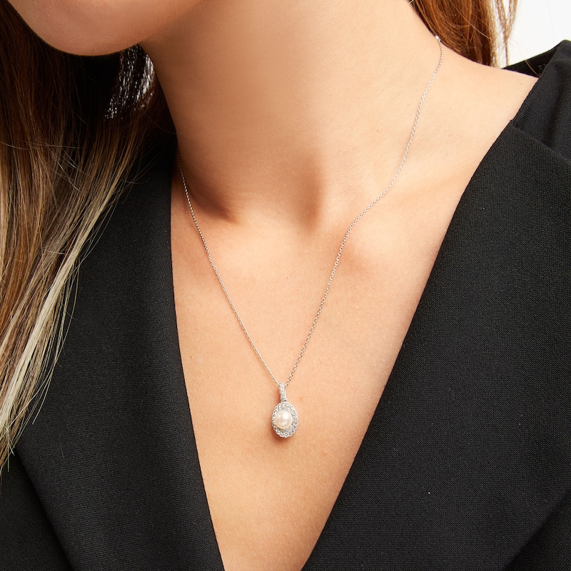 Main Image 2 of Cultured Pearl & White Lab-Created Sapphire Necklace Sterling Silver 18&quot;