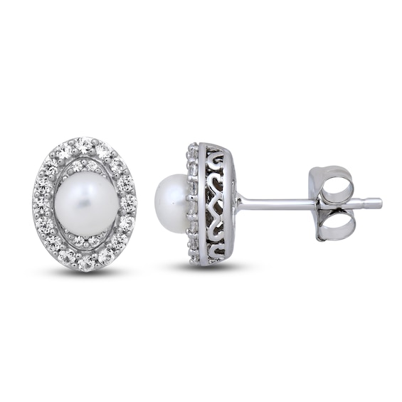 Cultured Pearl & White Lab-Created Sapphire Earrings Sterling Silver