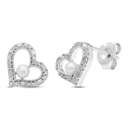 Neil Lane Diamond & Cultured Pearl Heart Earrings 1/8 ct tw Round/Baguette-Cut Sterling Silver