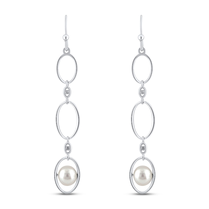 Main Image 1 of Cultured Pearl & White Lab-Created Sapphire Drop Earrings Sterling Silver