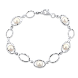 Cultured Pearl & White Lab-Created Sapphire Bracelet Sterling Silver 7.5"