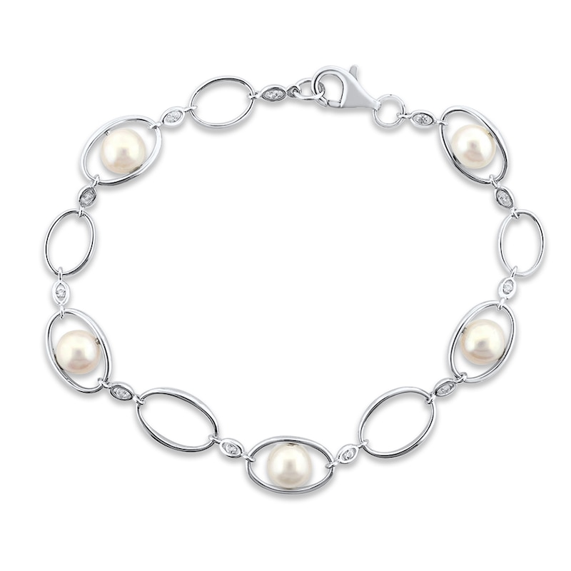 Main Image 1 of Cultured Pearl & White Lab-Created Sapphire Bracelet Sterling Silver 7.5&quot;