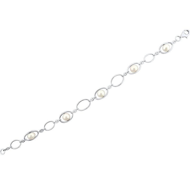 Main Image 2 of Cultured Pearl & White Lab-Created Sapphire Bracelet Sterling Silver 7.5&quot;