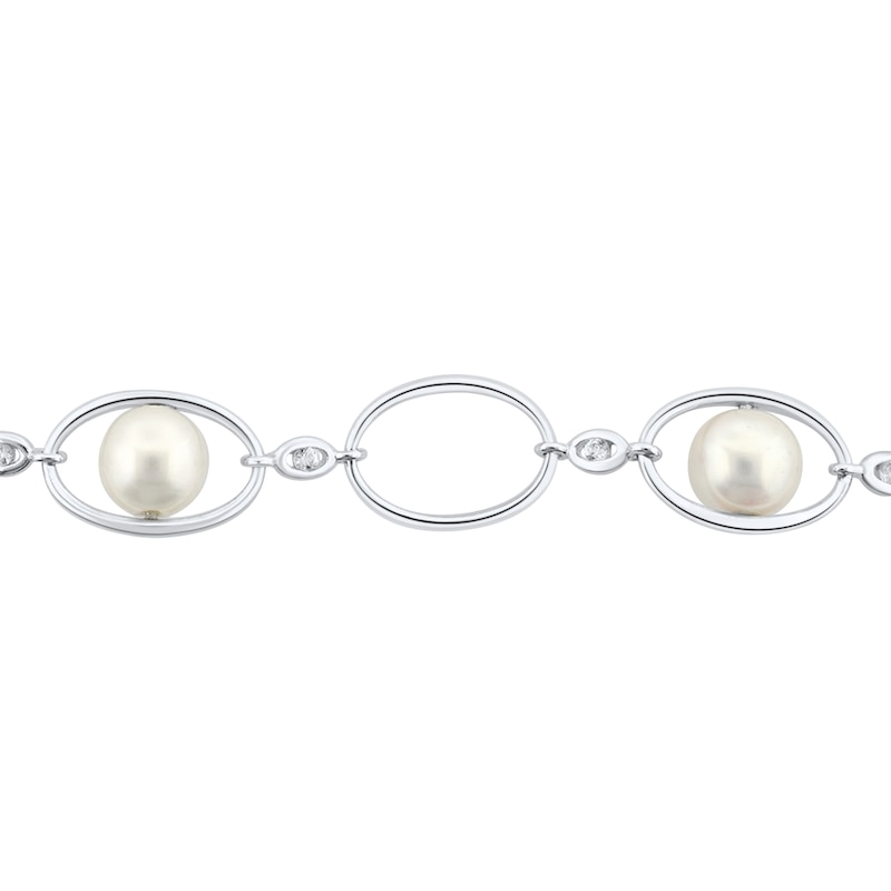 Cultured Pearl & White Lab-Created Sapphire Bracelet Sterling Silver 7.5"