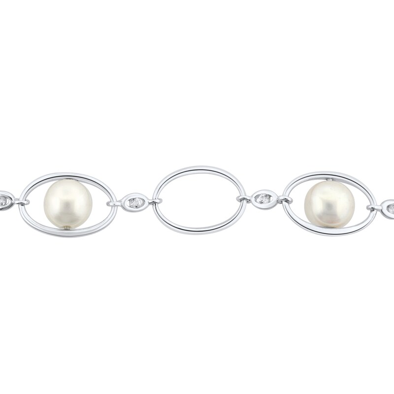 Main Image 3 of Cultured Pearl & White Lab-Created Sapphire Bracelet Sterling Silver 7.5&quot;