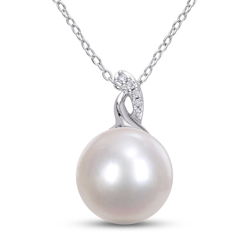 Main Image 1 of Cultured Pearl & Diamond Necklace Sterling Silver 18&quot;
