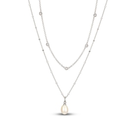Cultured Pearl & White Lab-Created Sapphire Layered Necklace Sterling Silver 19"