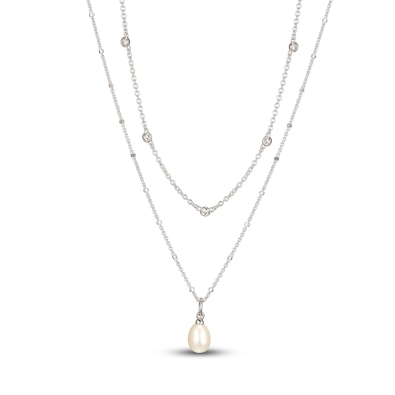 Cultured Pearl & White Lab-Created Sapphire Layered Necklace Sterling Silver 19"