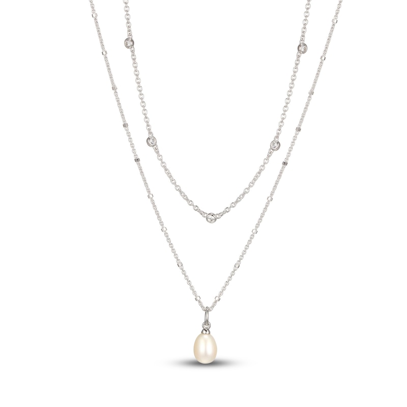 Main Image 1 of Cultured Pearl & White Lab-Created Sapphire Layered Necklace Sterling Silver 19&quot;