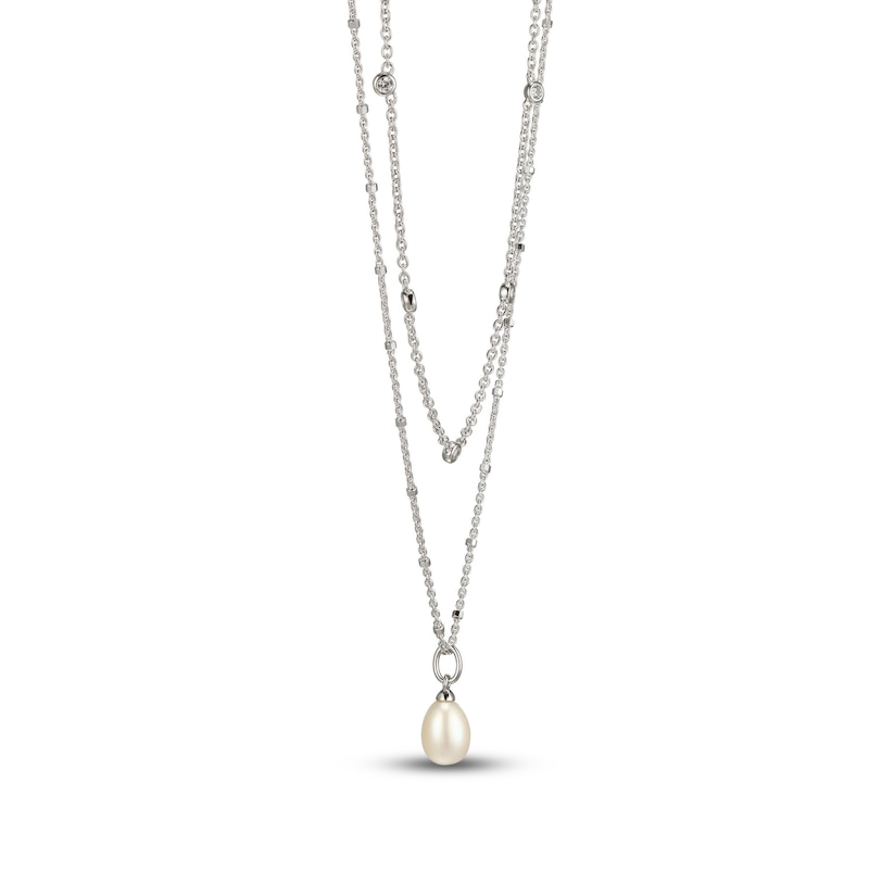Main Image 2 of Cultured Pearl & White Lab-Created Sapphire Layered Necklace Sterling Silver 19&quot;