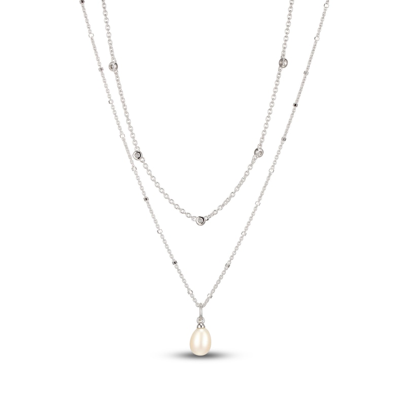 Main Image 3 of Cultured Pearl & White Lab-Created Sapphire Layered Necklace Sterling Silver 19&quot;