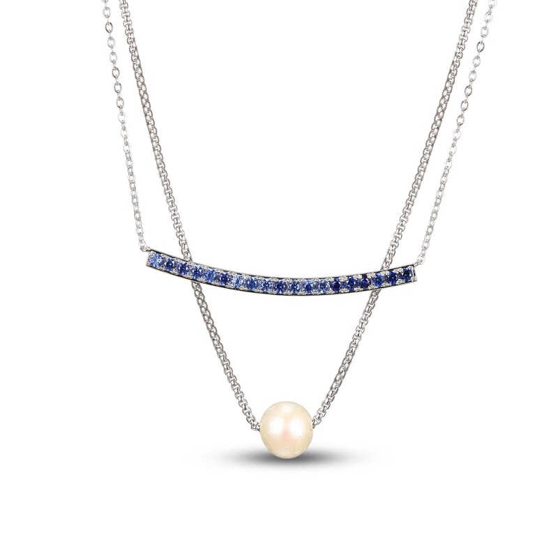 Main Image 1 of Cultured Pearl & Blue Lab-Created Sapphire Layered Necklace Sterling Silver 18&quot;