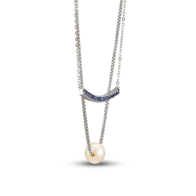 Main Image 2 of Cultured Pearl & Blue Lab-Created Sapphire Layered Necklace Sterling Silver 18&quot;