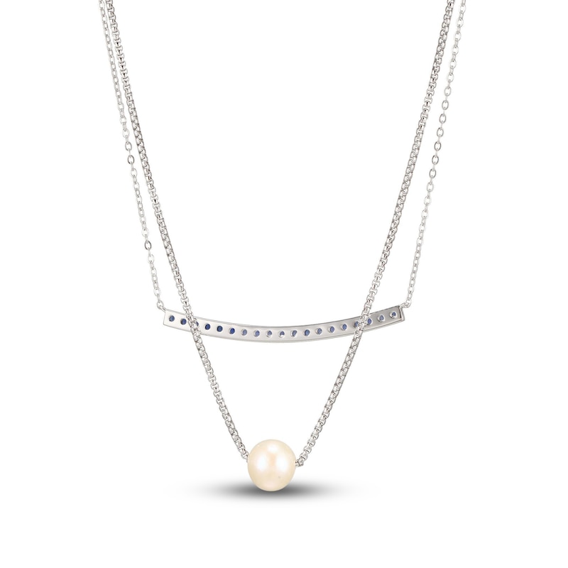 Main Image 3 of Cultured Pearl & Blue Lab-Created Sapphire Layered Necklace Sterling Silver 18&quot;