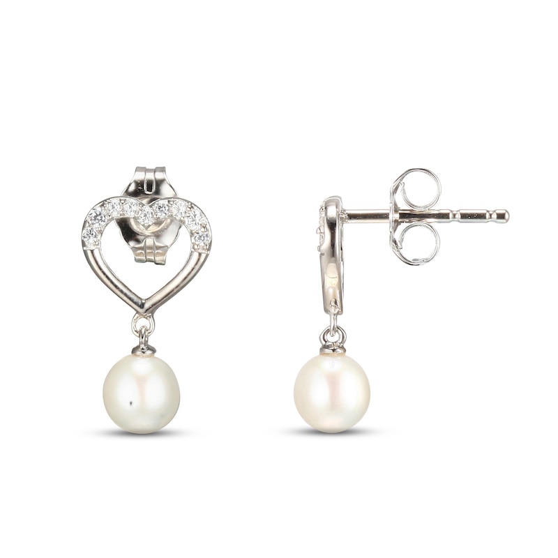 Main Image 1 of Cultured Pearl Drop Heart Earrings Sterling Silver