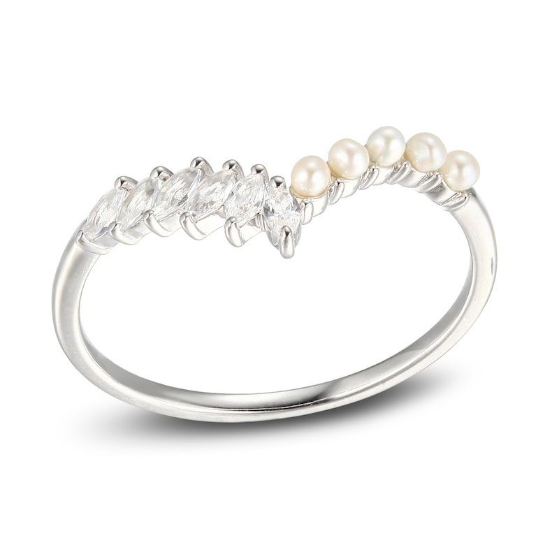 Main Image 1 of Cultured Pearl & White Lab-Created Sapphire Chevron Ring Sterling Silver