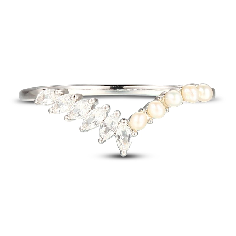 Main Image 2 of Cultured Pearl & White Lab-Created Sapphire Chevron Ring Sterling Silver