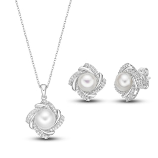 Cultured Pearl & White Lab-Created Sapphire Gift Set Sterling Silver