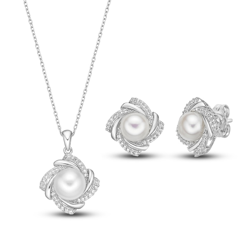 Main Image 1 of Cultured Pearl & White Lab-Created Sapphire Boxed Set Sterling Silver