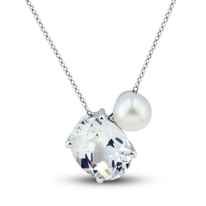 Main Image 1 of Cultured Pearl & White Lab-Created Sapphire Necklace Sterling Silver 18&quot;