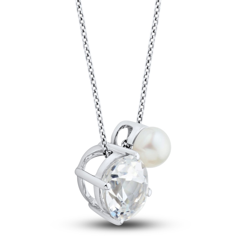 Main Image 2 of Cultured Pearl & White Lab-Created Sapphire Necklace Sterling Silver 18&quot;