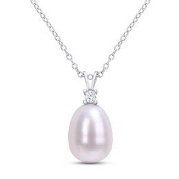 Cultured Pearl & White Lab-Created Sapphire Necklace Sterling Silver 18"