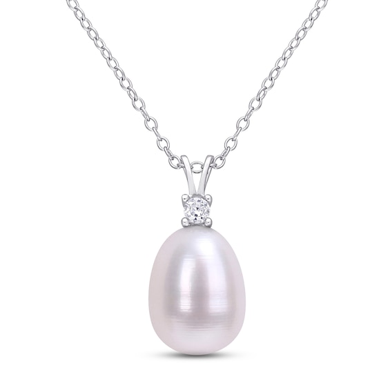 Cultured Pearl & White Lab-Created Sapphire Necklace Sterling Silver 18"