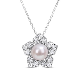 Cultured Pearl & White Lab-Created Sapphire Necklace Sterling Silver 18"