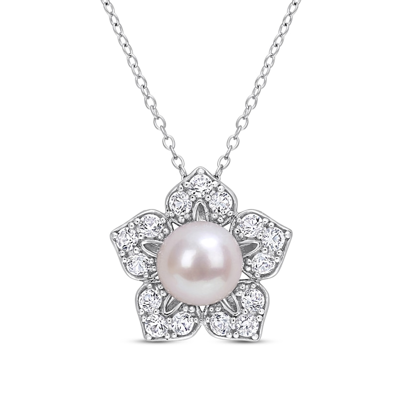 Main Image 1 of Cultured Pearl & White Lab-Created Sapphire Necklace Sterling Silver 18"