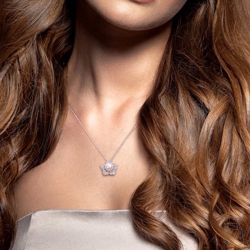 Main Image 2 of Cultured Pearl & White Lab-Created Sapphire Necklace Sterling Silver 18"