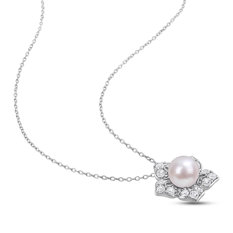 Main Image 3 of Cultured Pearl & White Lab-Created Sapphire Necklace Sterling Silver 18"