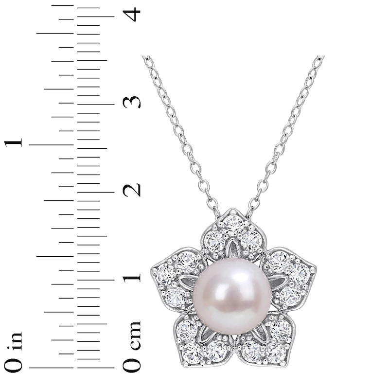 Main Image 4 of Cultured Pearl & White Lab-Created Sapphire Necklace Sterling Silver 18"