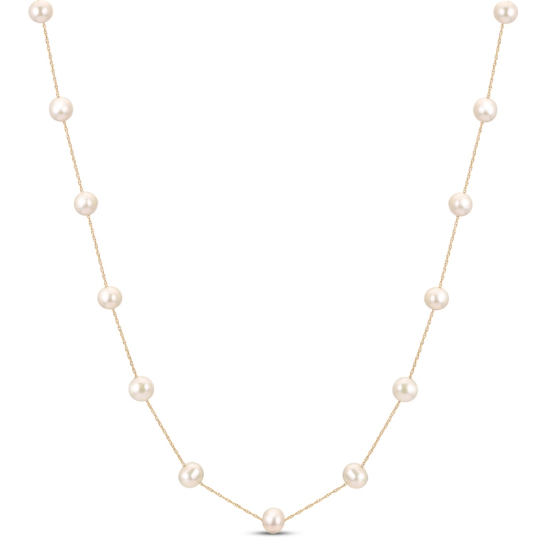 Cultured Pearl Station Necklace 10K Yellow Gold 18"