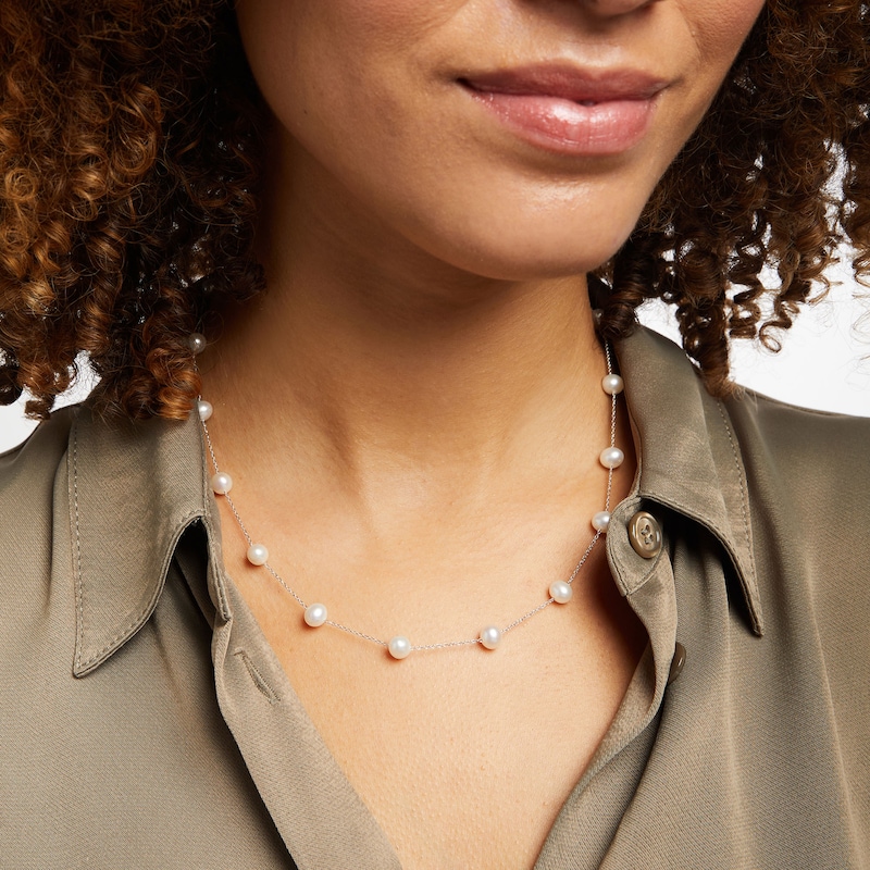 Main Image 2 of Cultured Pearl Station Necklace 10K White Gold 18&quot;
