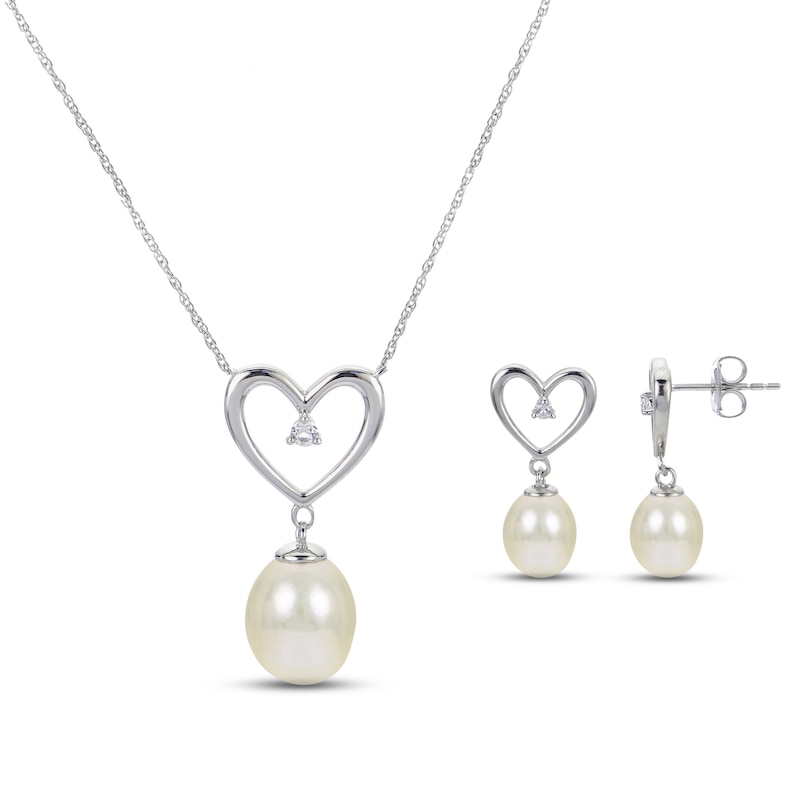 Main Image 1 of Cultured Pearl & White Lab-Created Sapphire Heart Boxed Set Sterling Silver