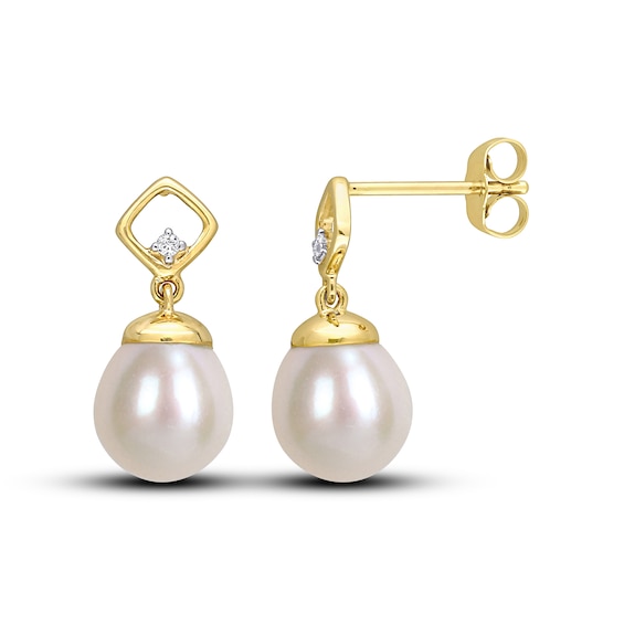 Cultured Pearl & Diamond Dangle Earrings 10K Yellow Gold