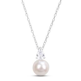 Cultured Pearl & White Lab-Created Sapphire Necklace Sterling Silver 18"