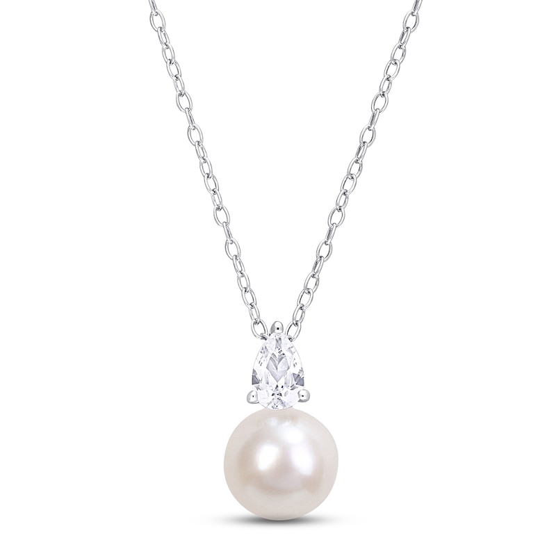 Main Image 1 of Cultured Pearl & White Lab-Created Sapphire Necklace Sterling Silver 18&quot;