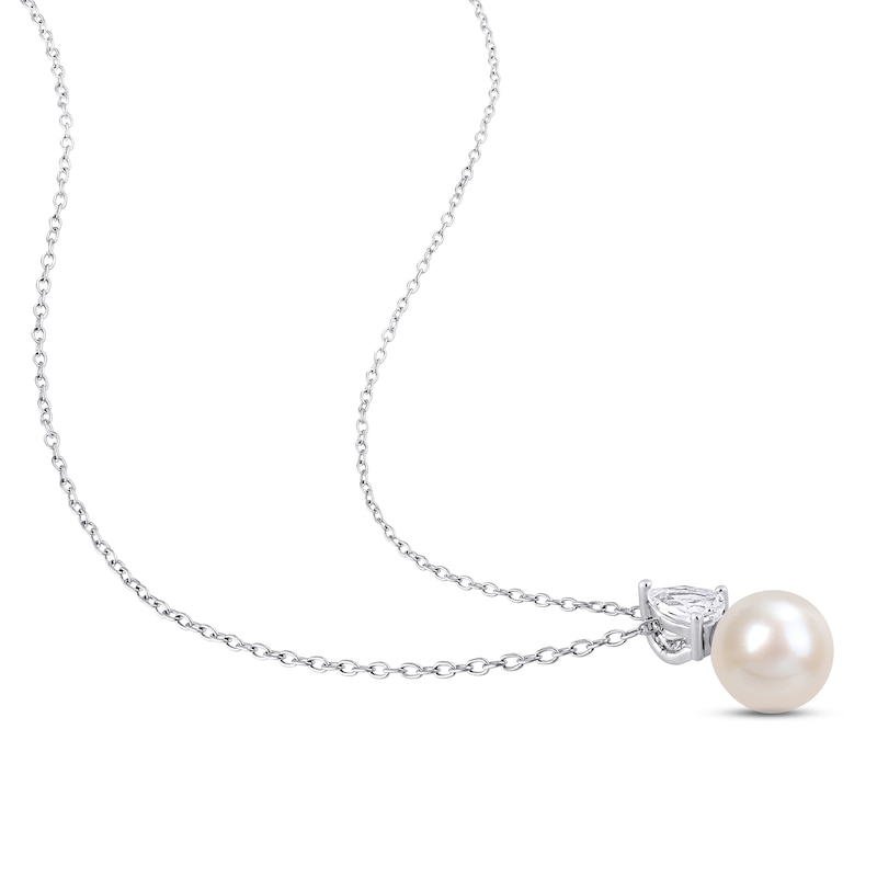 Main Image 2 of Cultured Pearl & White Lab-Created Sapphire Necklace Sterling Silver 18&quot;