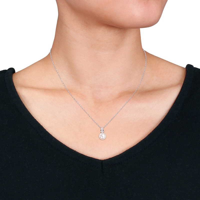 Main Image 4 of Cultured Pearl & White Lab-Created Sapphire Necklace Sterling Silver 18&quot;