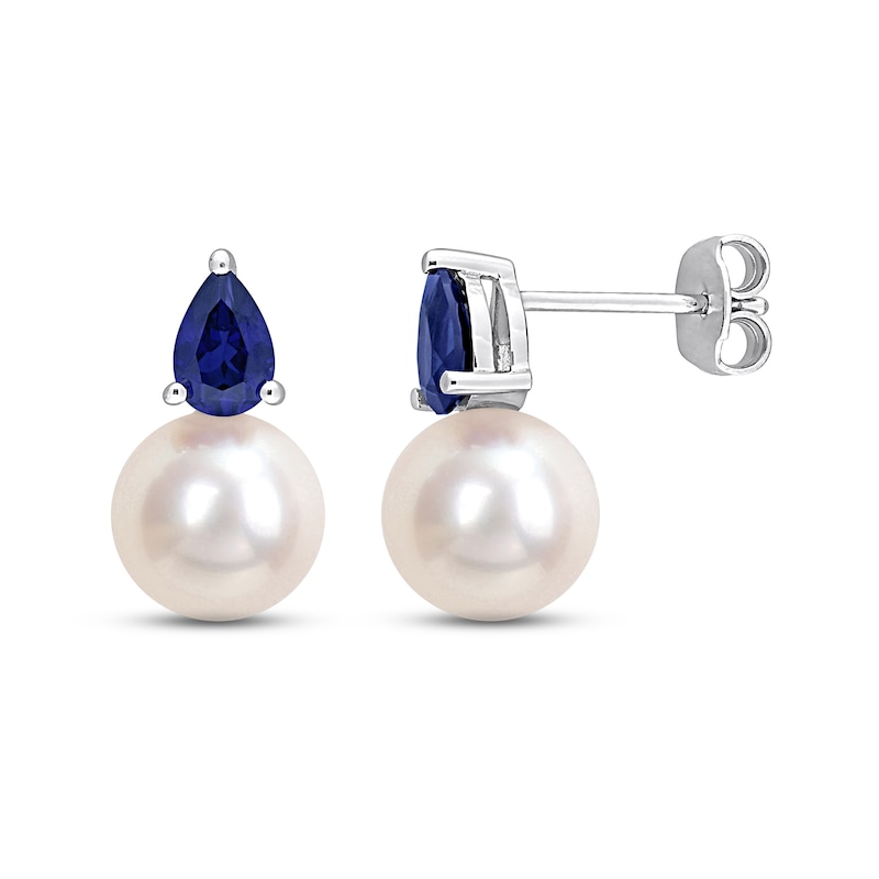 Cultured Pearl & Blue Lab-Created Sapphire Earrings Sterling Silver