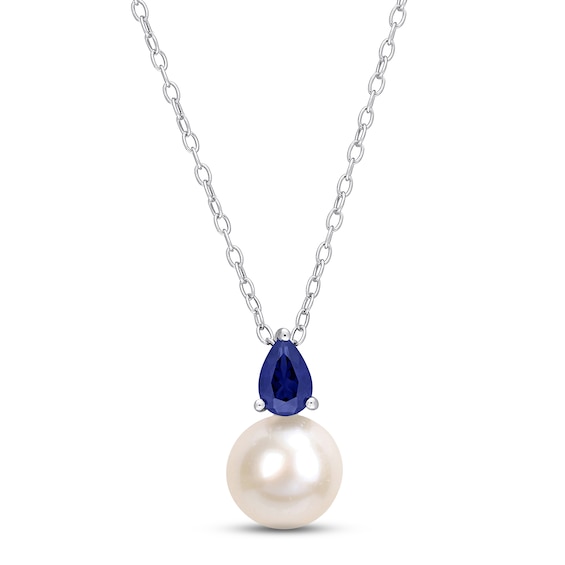 Cultured Pearl & Blue Lab-Created Sapphire Necklace Sterling Silver 18"